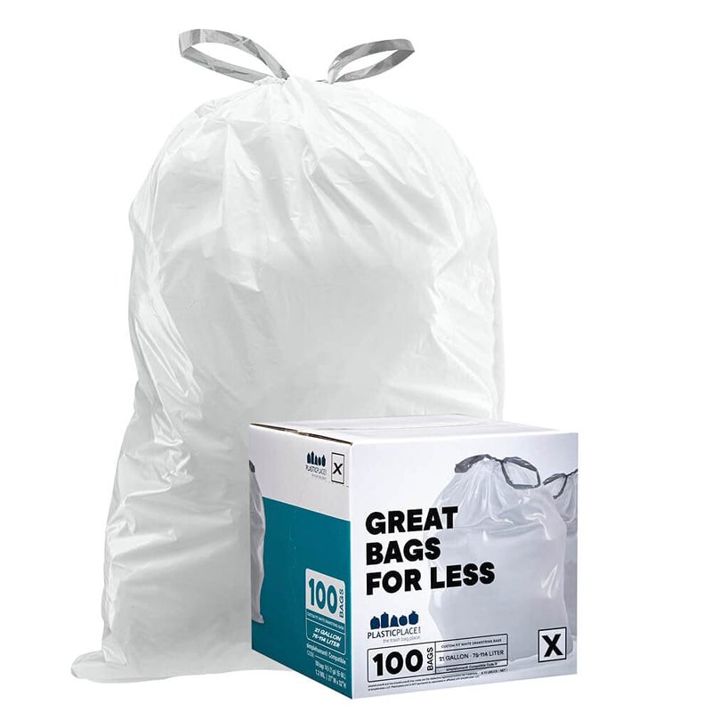 Plasticplace Custom Fit Trash Bags, Compatible with simplehuman Code X (100 Count) White Drawstring Garbage Liners 21 Gallon/ 80 Liter, 26" x 24.5" - Image 1